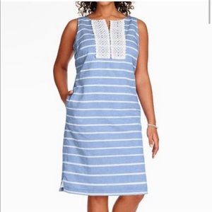 Talbots linen blend striped shift dress with pockets blue and white lace
